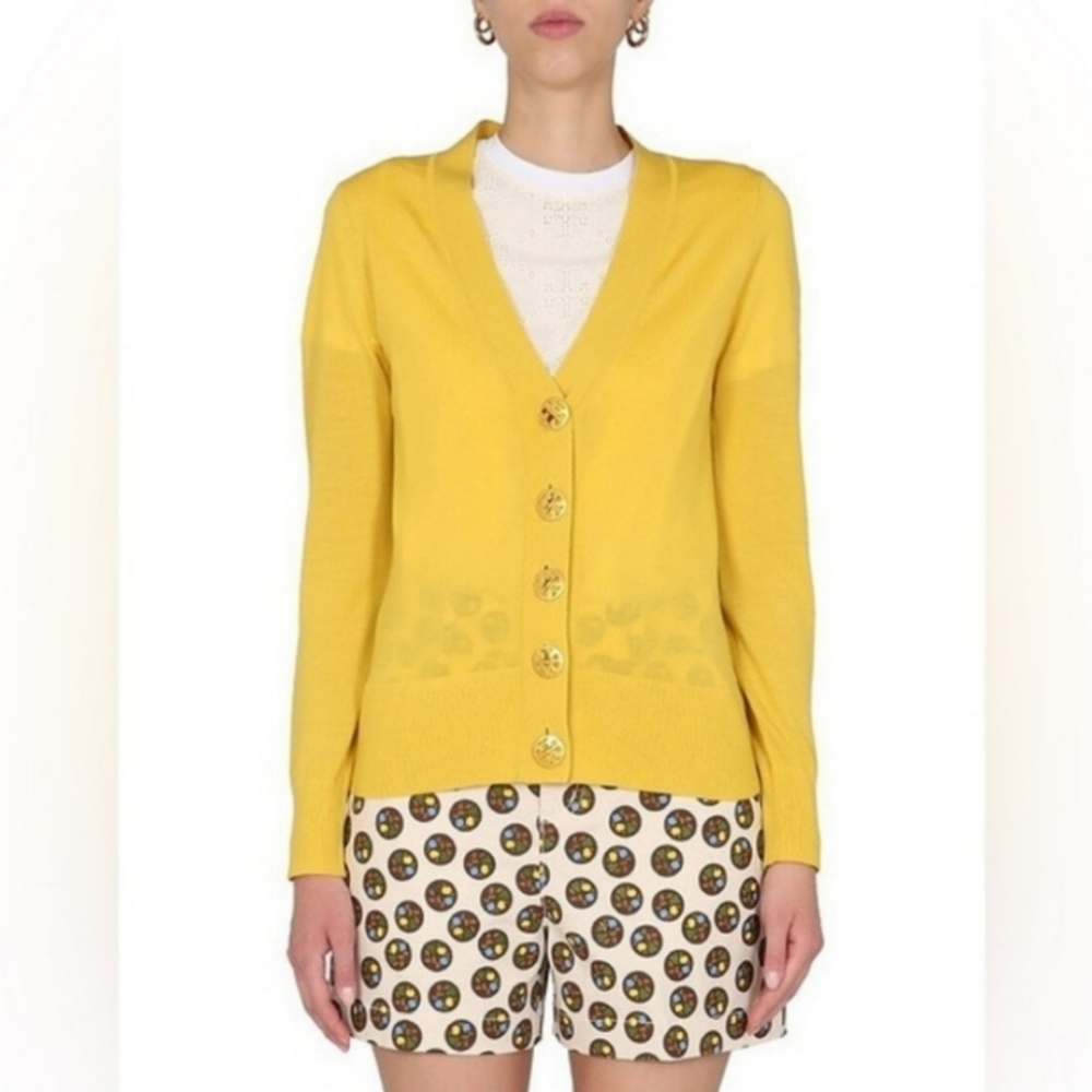 TORY BURCH CARDIGAN YELLOW COTTON LOGO BUTTON
